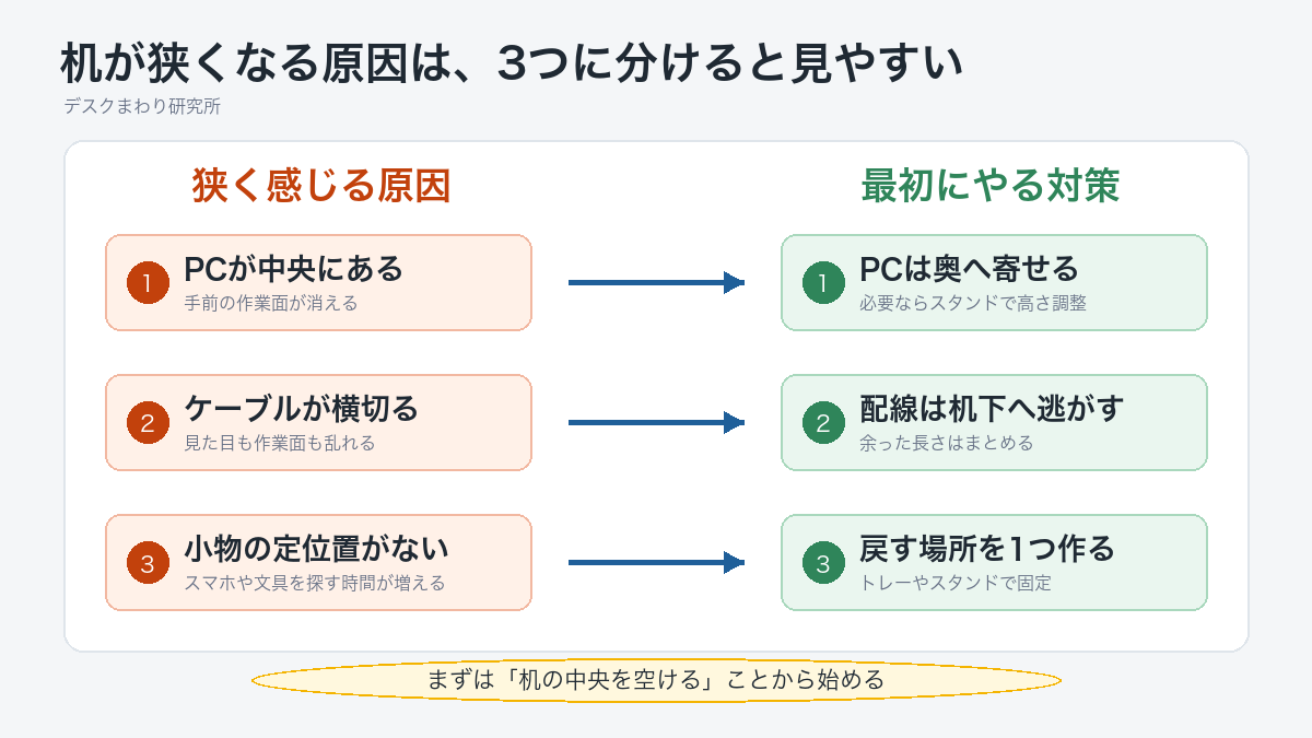 在宅ワークで机が狭い原因と対策。最初に見直したいデスク周り整理術