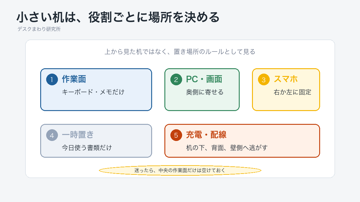 小さい机の作業面、PC、スマホ、一時置き、充電配線の置き場所ルールを整理した図解