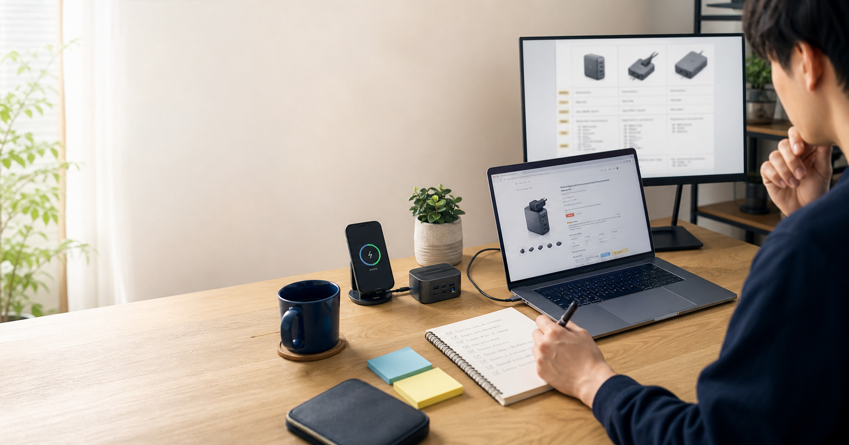 Baseusの充電器やドックを購入前に調べている在宅ワークのデスク風景