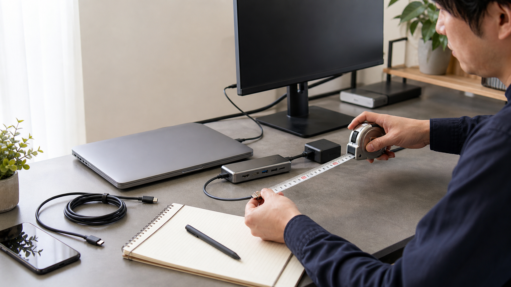 USB-Cドックの端子、ケーブル長、デスクの置き場を測っている様子