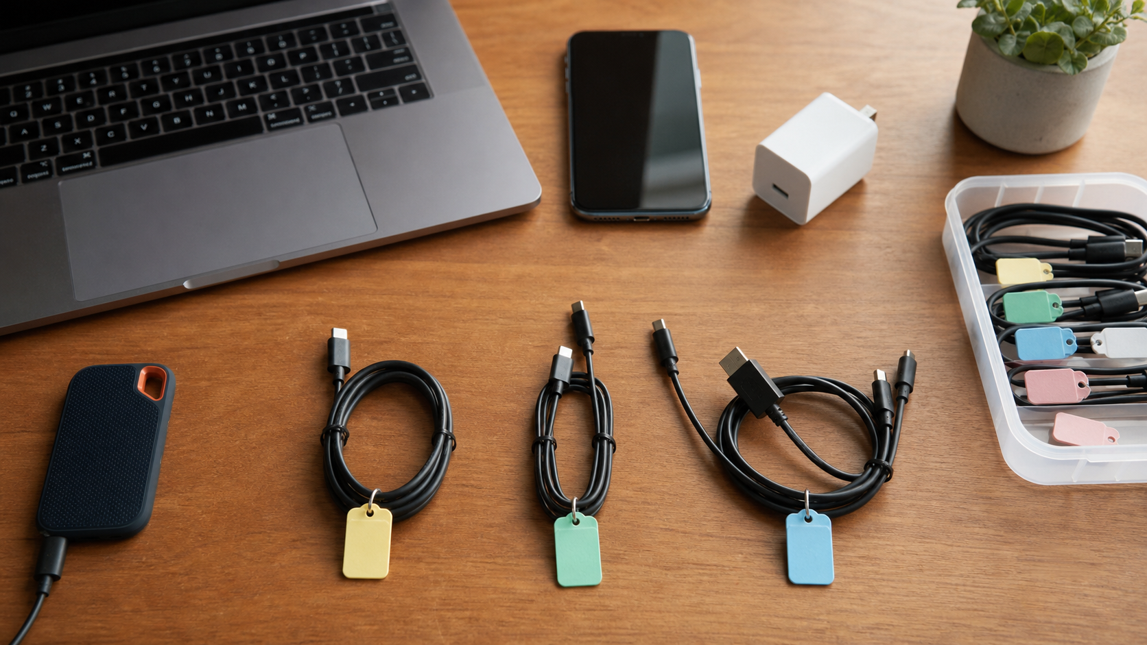 USB-Cケーブルを用途別に分けて色付きタグで整理しているデスク