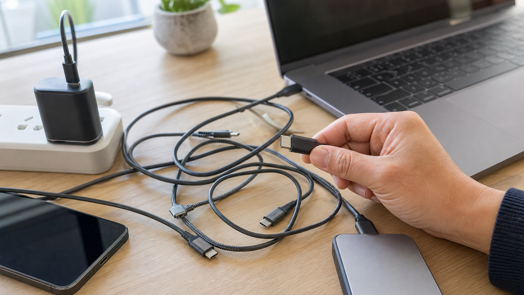 似たUSB-Cケーブルが机上で混ざりどれを使うか迷っているデスク