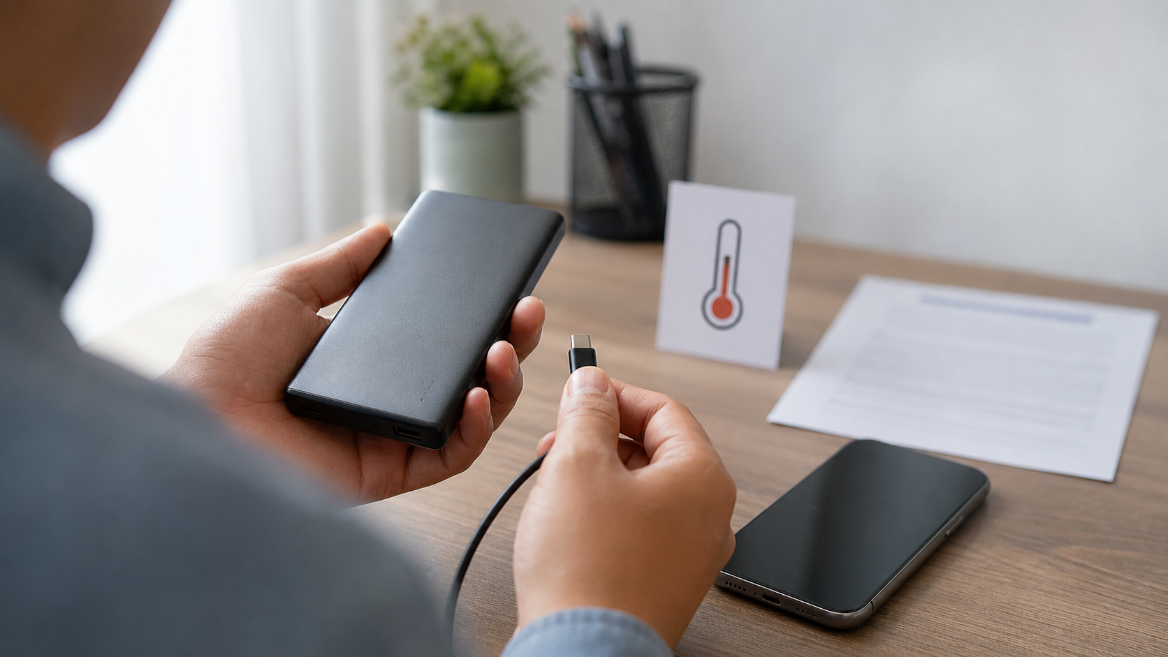 モバイルバッテリーの発熱や接続不安を購入前に確認しているデスク