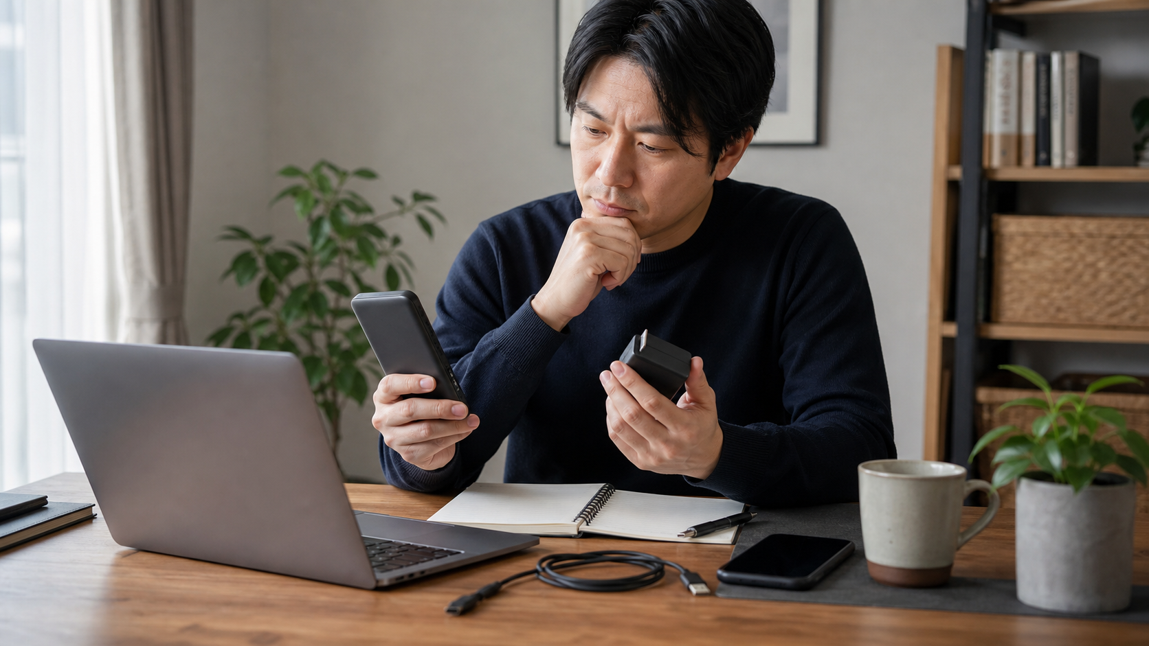 CIOの充電器とモバイルバッテリーを購入前に比較している在宅ワークデスク