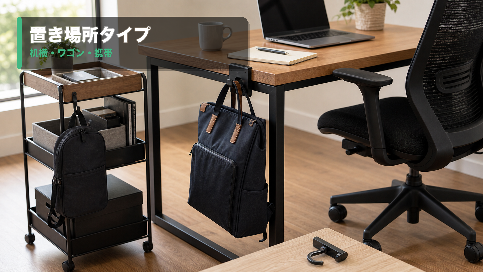 バッグ置き場を固定型、携帯型、リュック対応で比較しているデスク