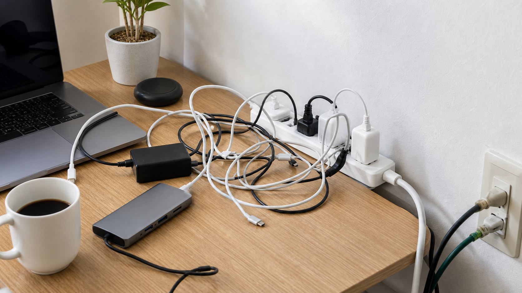 電源タップと充電ケーブルがデスク上で絡まり作業面が狭くなっている様子