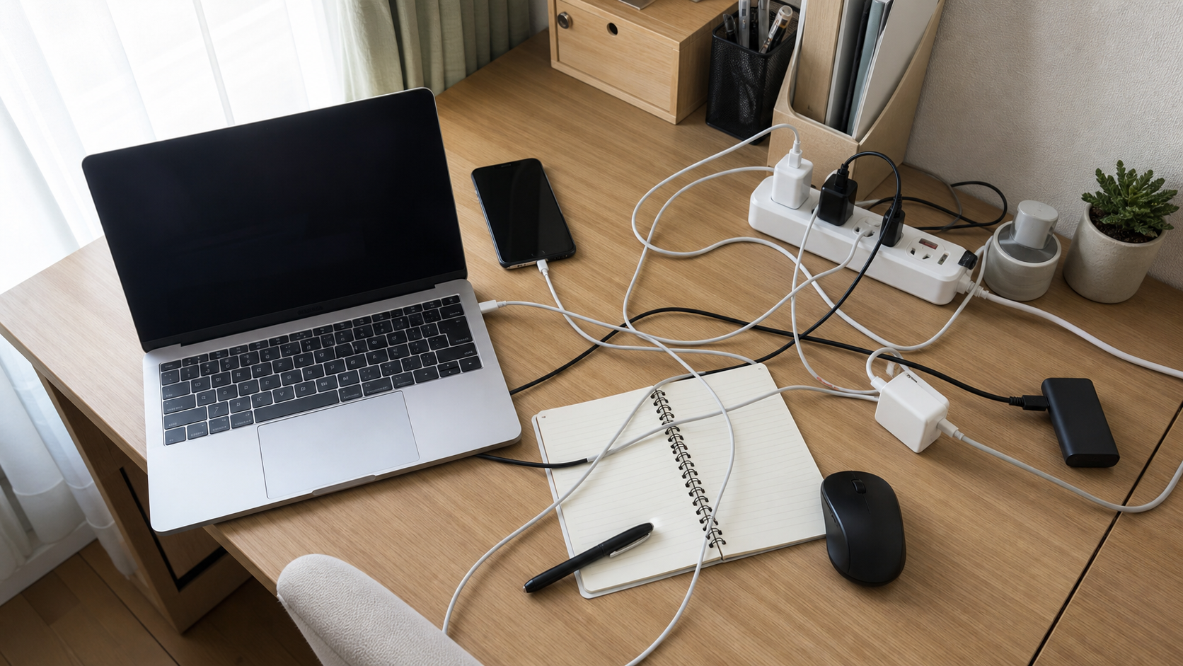 デスク上で充電器とケーブルが作業スペースに広がっている様子