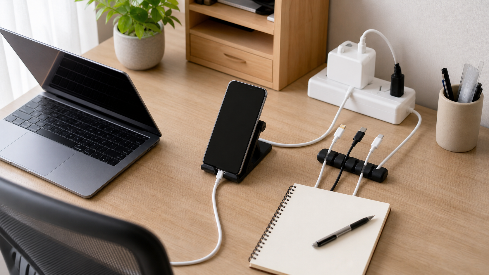 スマホスタンドとケーブルホルダーで充電まわりを整えたデスク