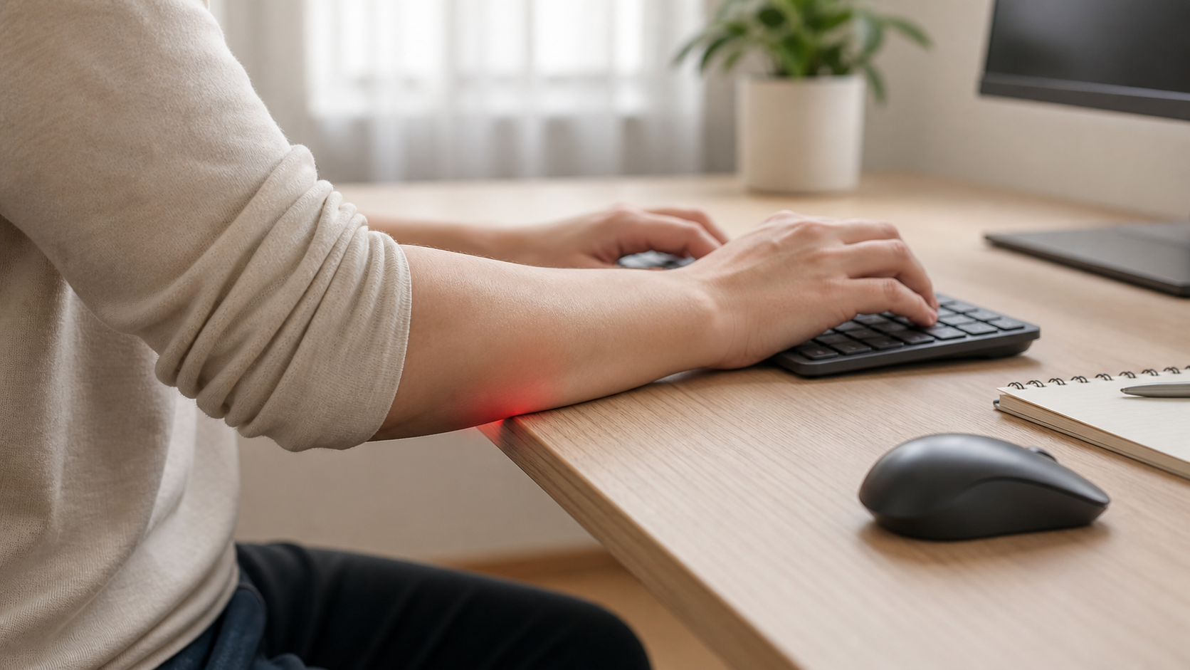 机の角に前腕が当たりながらキーボード入力している在宅ワークデスク