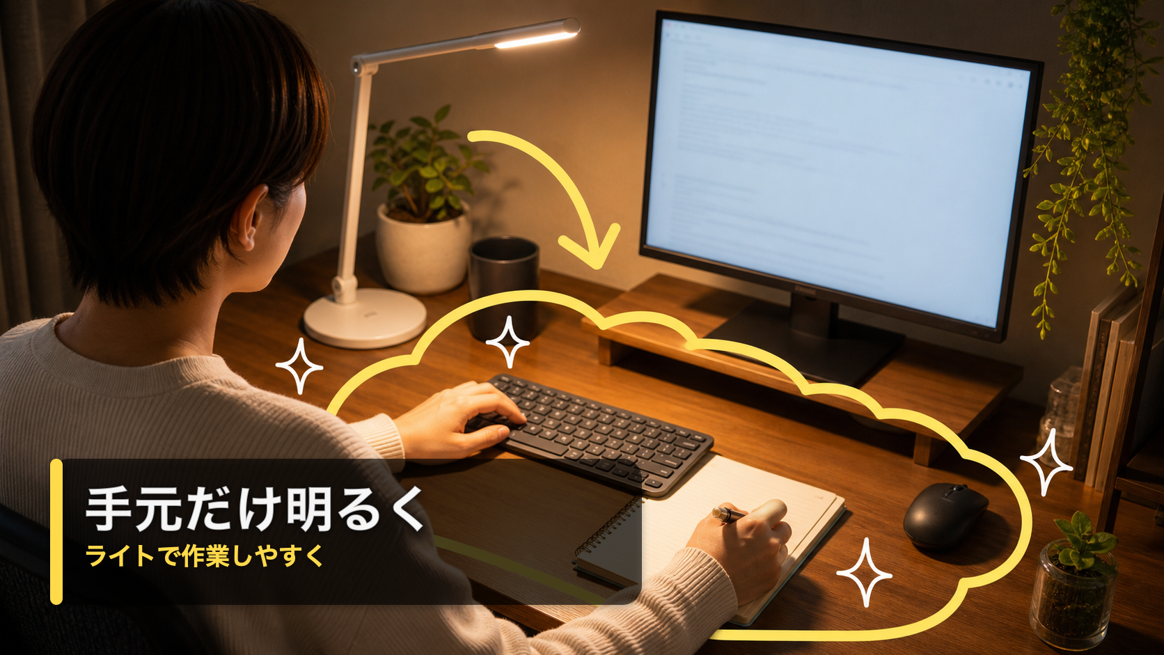デスクライトで手元だけが明るくなり、キーボードとノートが見やすくなった様子