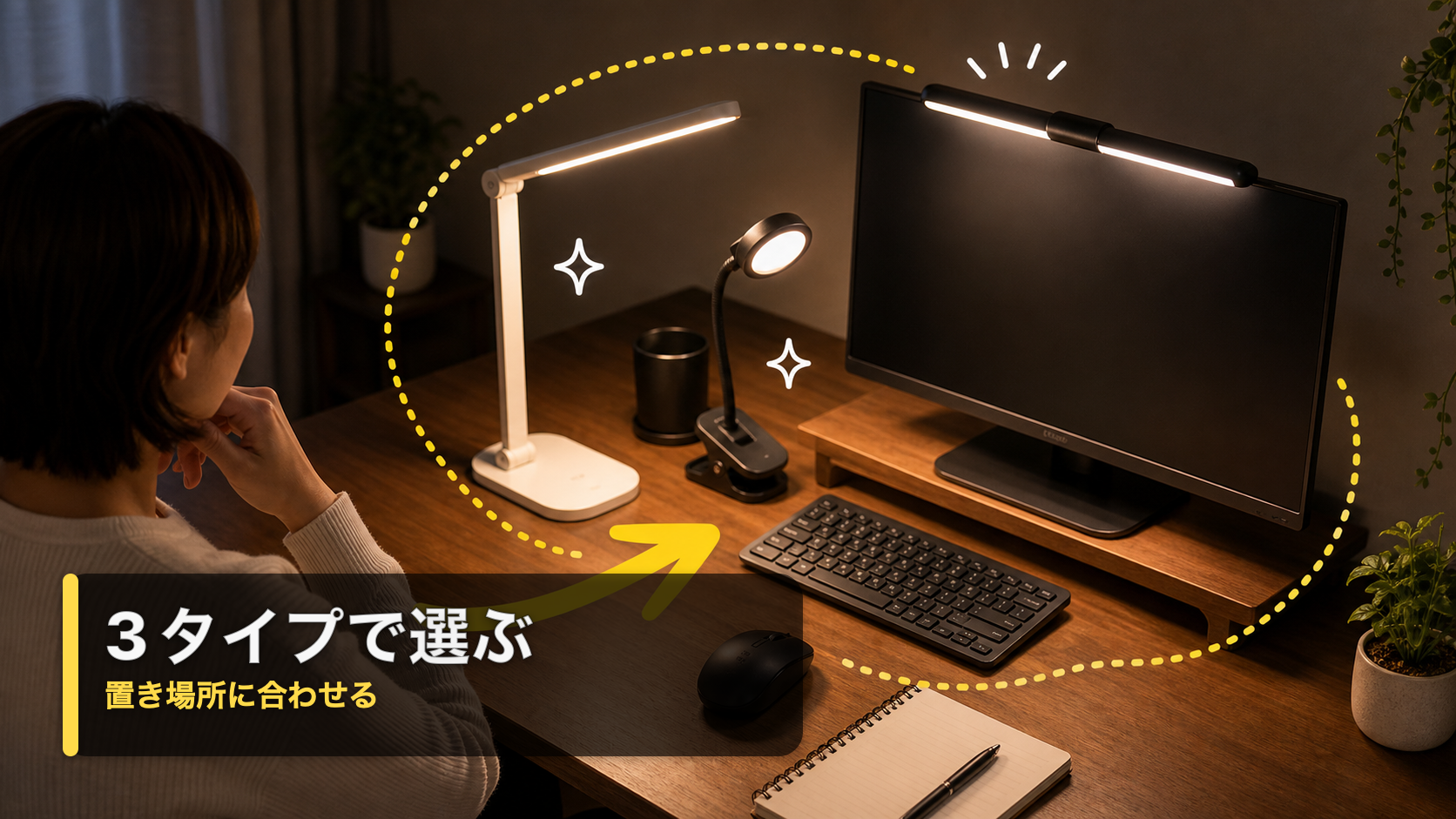 デスクライト、モニターライト、クリップライトを置き場所に合わせて選ぶ様子