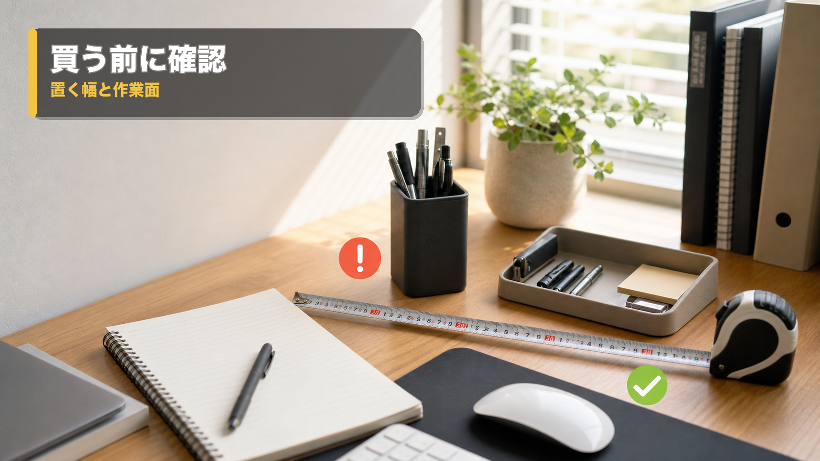 ペン立てを置く幅とデスクの作業面をメジャーで確認する写真風アイキャッチ