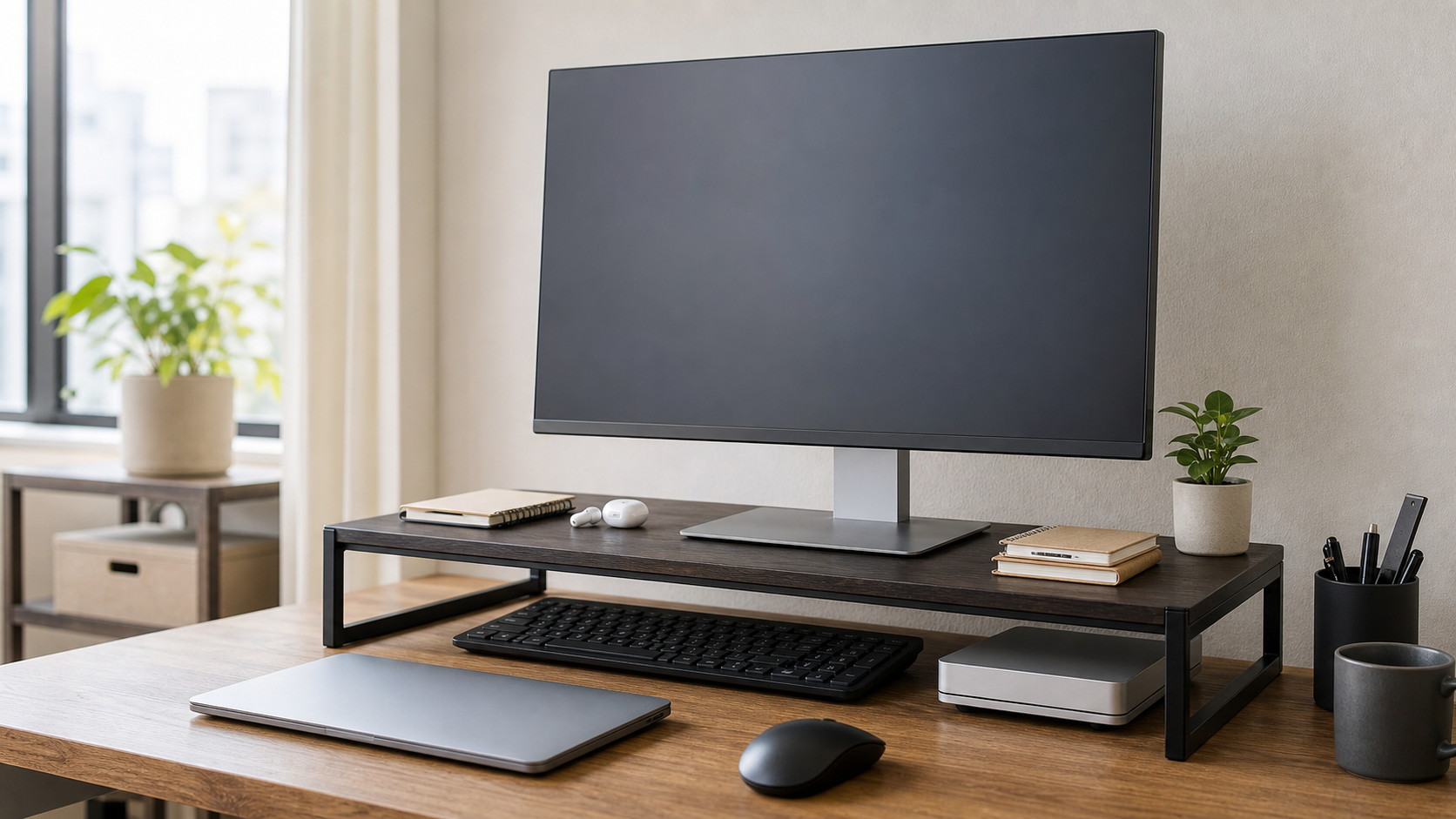 机上ラックでモニター下にキーボードを収納しデスク上を広くした在宅ワークデスク