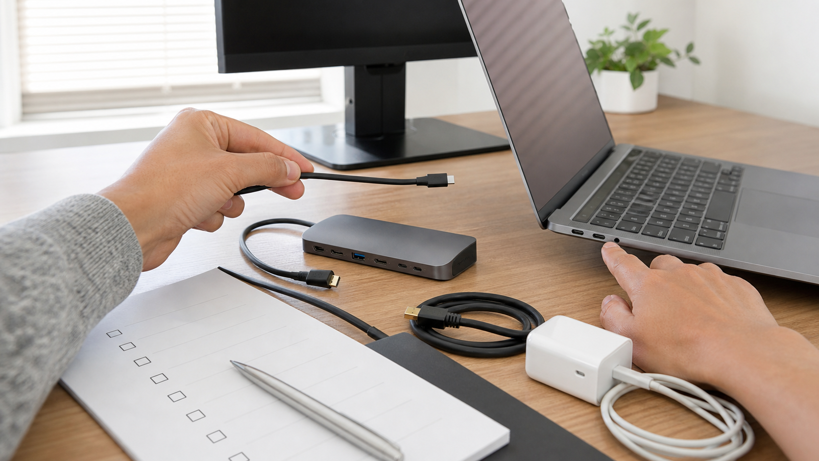 USB-Cハブとドッキングステーションの端子やケーブル長を確認している様子