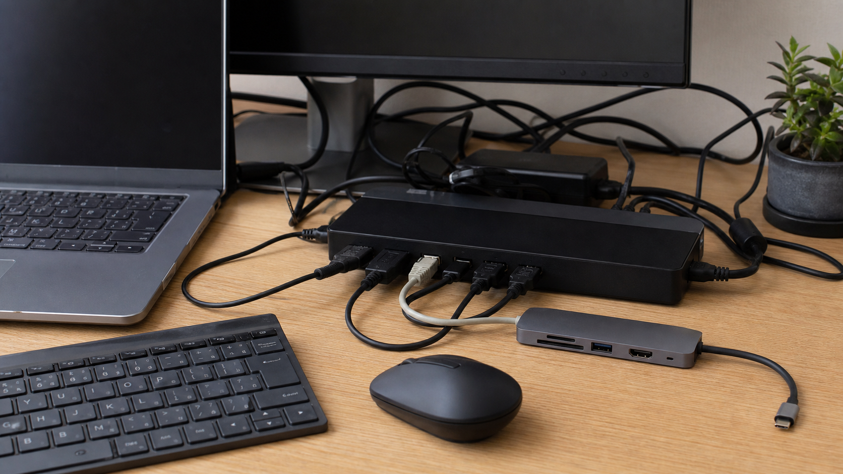 ドッキングステーションとUSB-Cハブを小さなデスクで比較している様子
