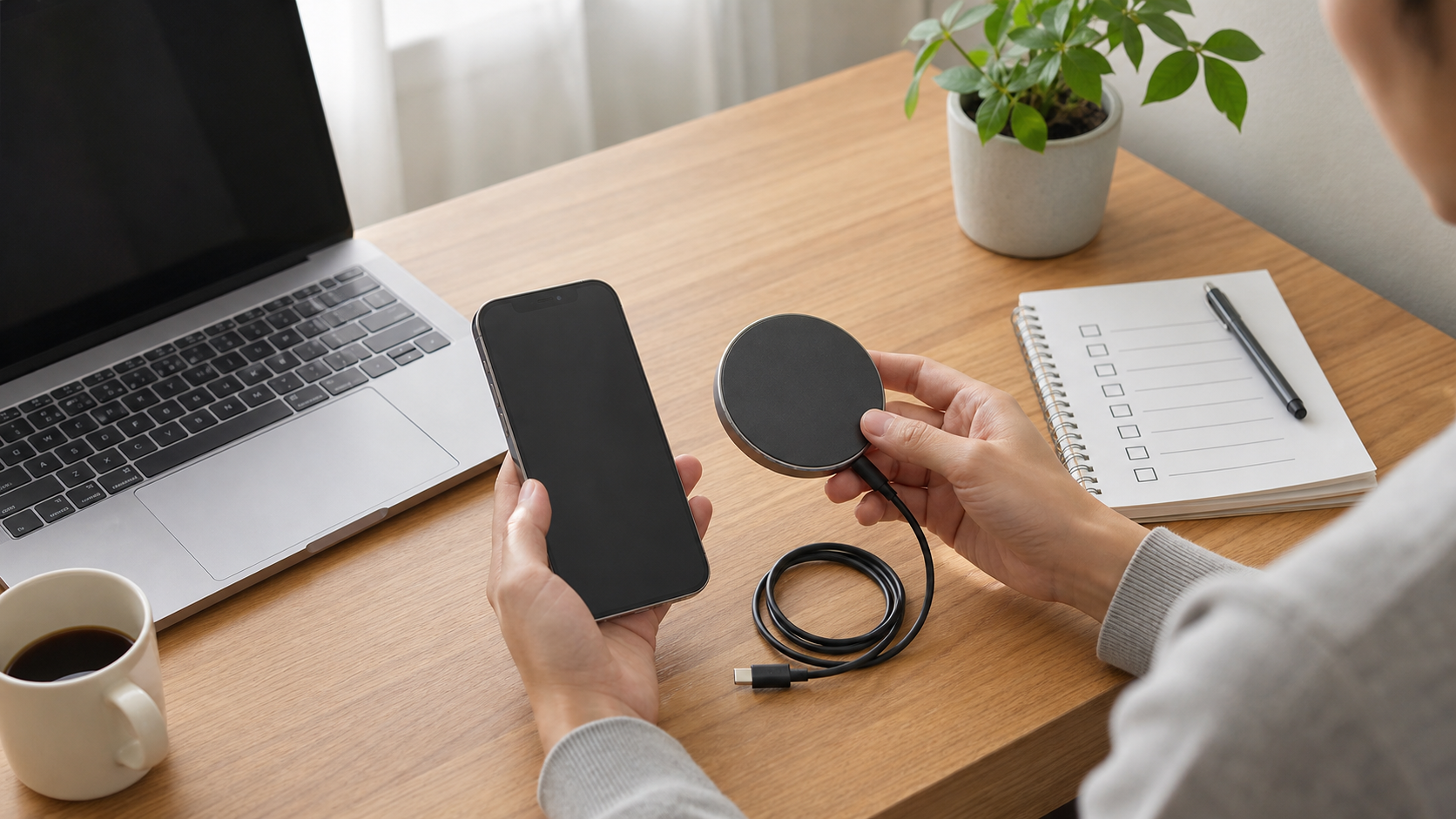 スマホ充電器と注意マークを見ながら保証やリコール情報を確認しているデスク