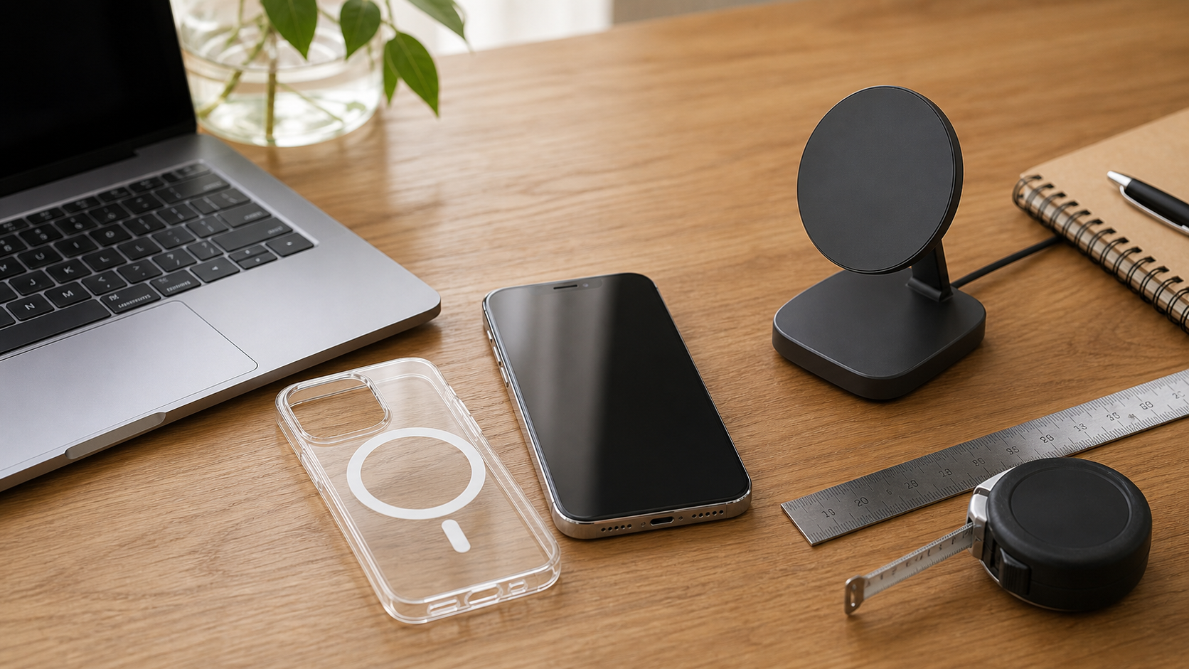 スマホケースとワイヤレス充電器のサイズや置き場所を比較しているデスク