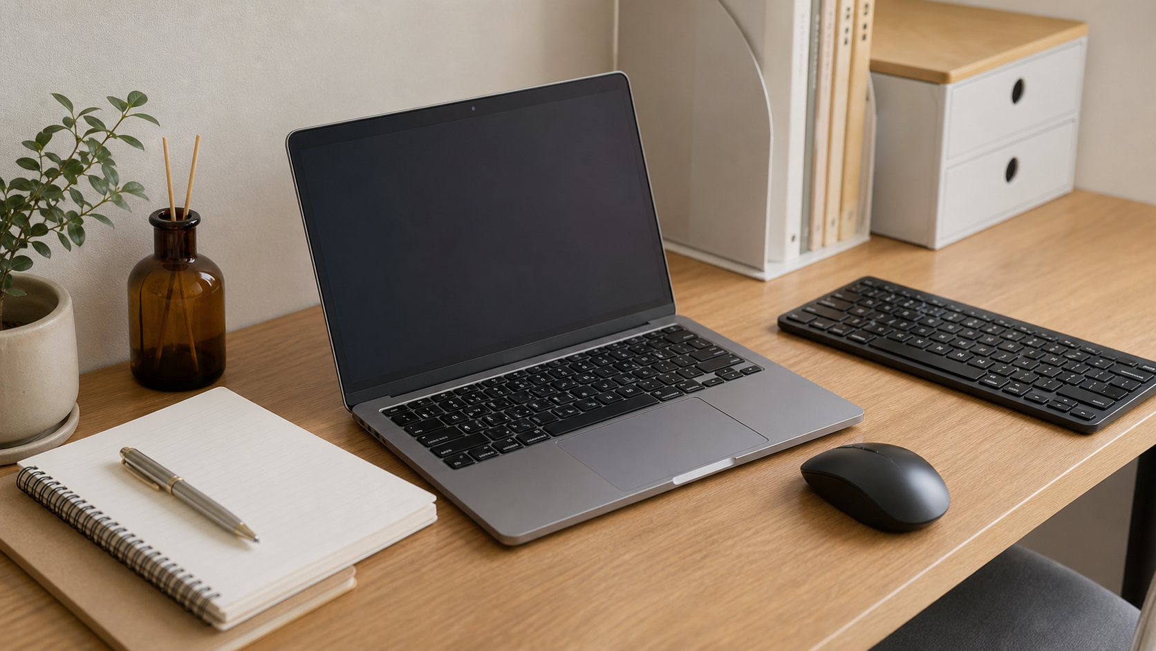 ノートPCの低いキーボードと外付けキーボードを机上で比較している様子
