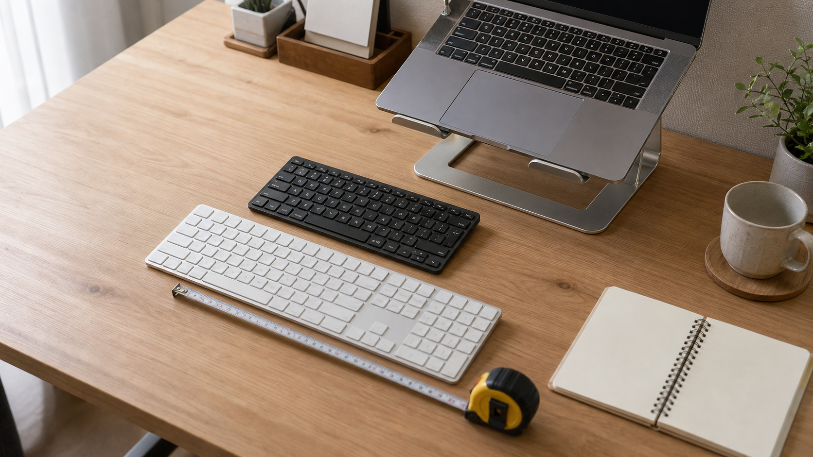 外付けキーボードの幅と机の奥行をメジャーで確認しているデスク