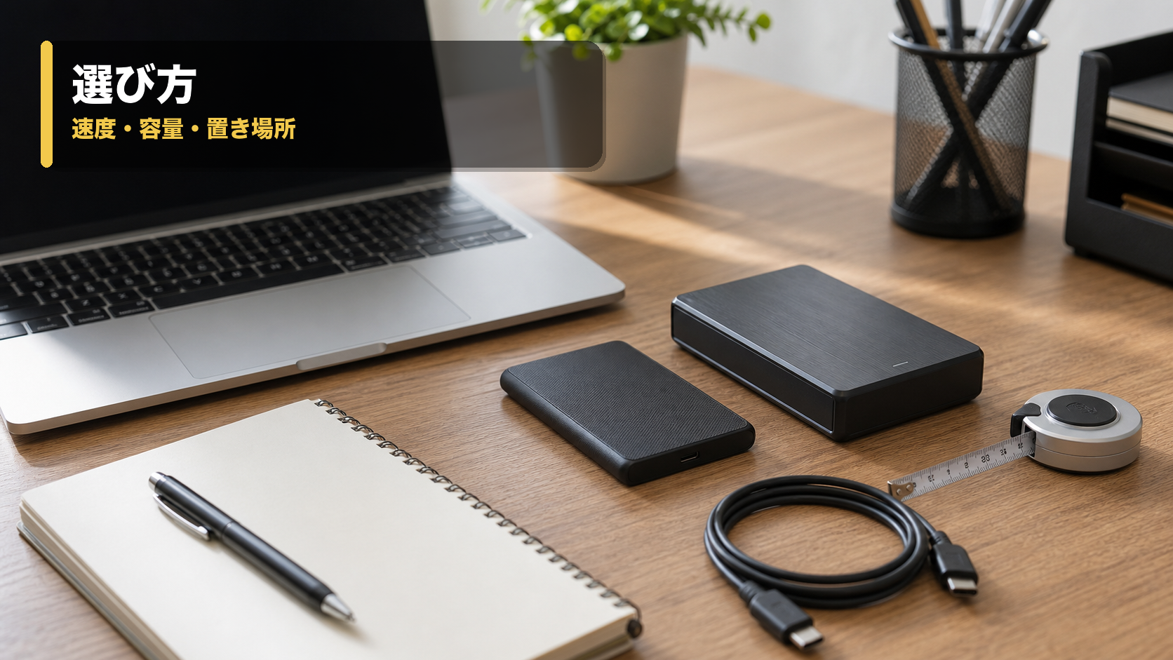 外付けSSDとHDDのサイズとケーブル配置を机上で比較している様子