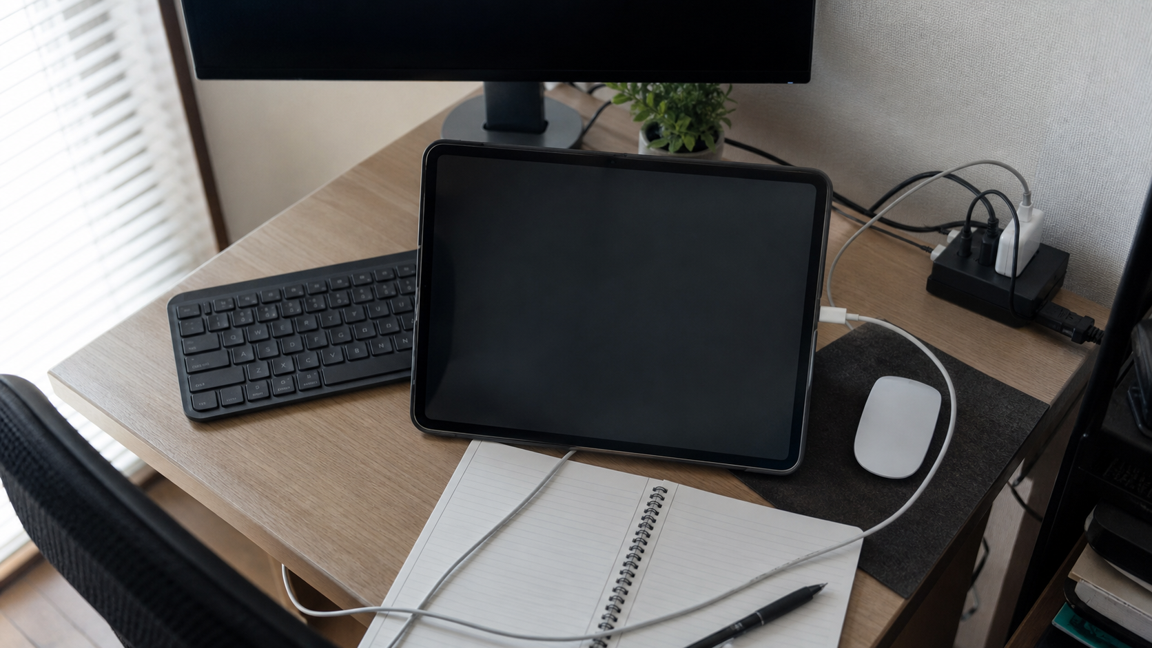 タブレットと充電ケーブルがキーボードやノートの前に重なっているデスク