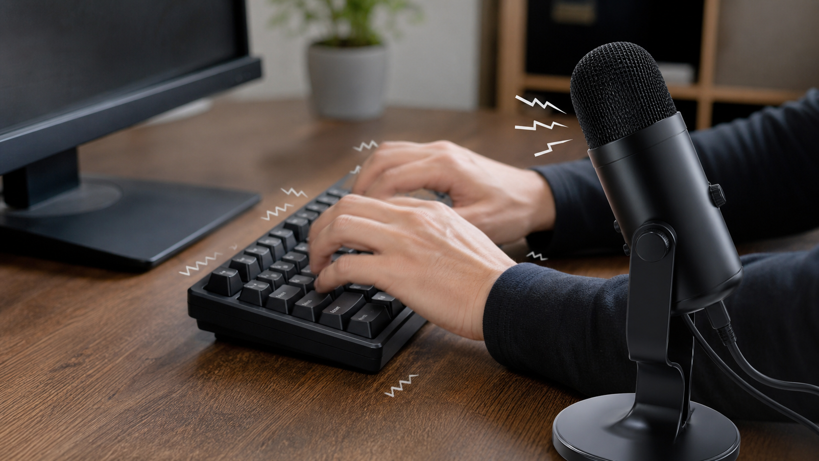近いマイクにキーボード音が拾われやすい在宅ワークのデスク