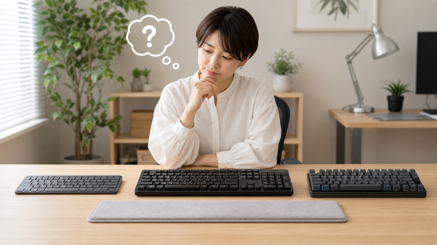 静音キーボードとデスクマットの候補を比較しているデスク