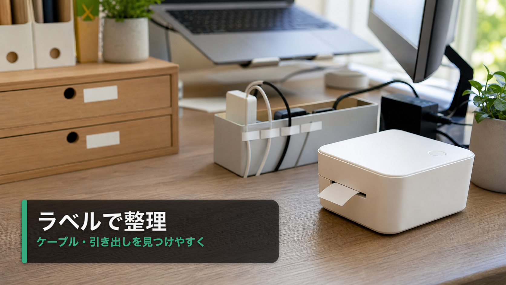 ラベルライターでケーブルと引き出しを整理したデスクのイメージ