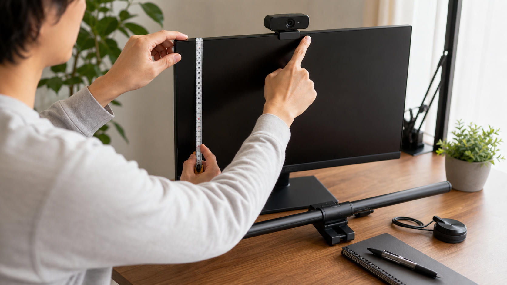 モニターライトを買う前にモニター上部の厚みとWebカメラ位置を確認している様子