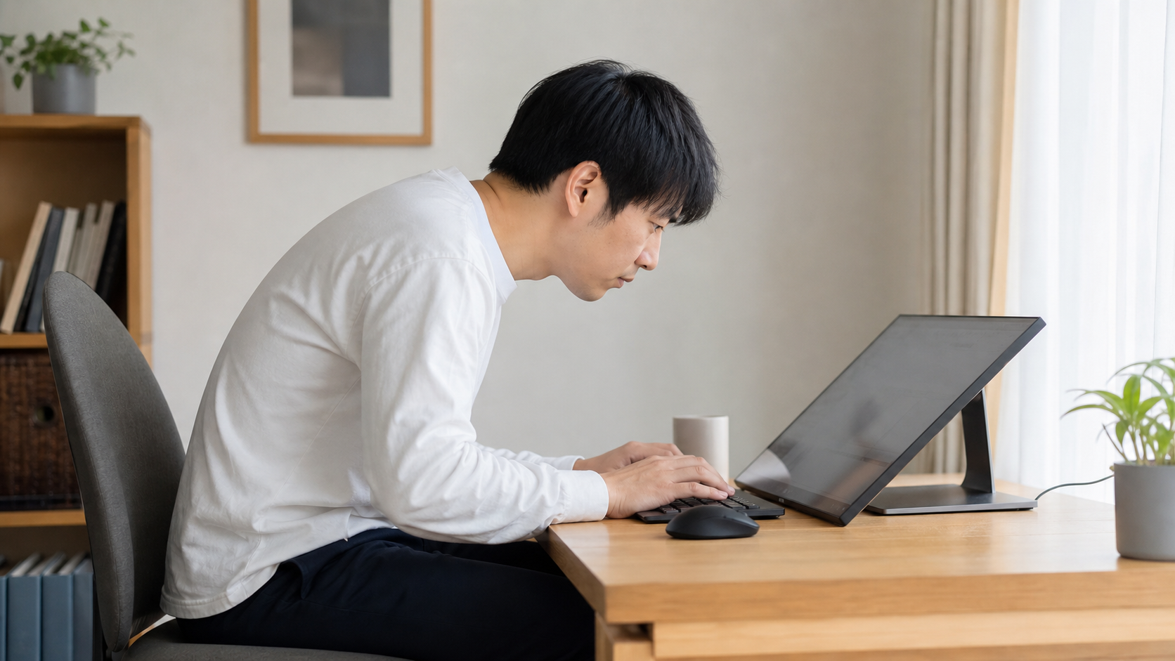 低いモニターをのぞき込むような姿勢になっている在宅ワークデスク