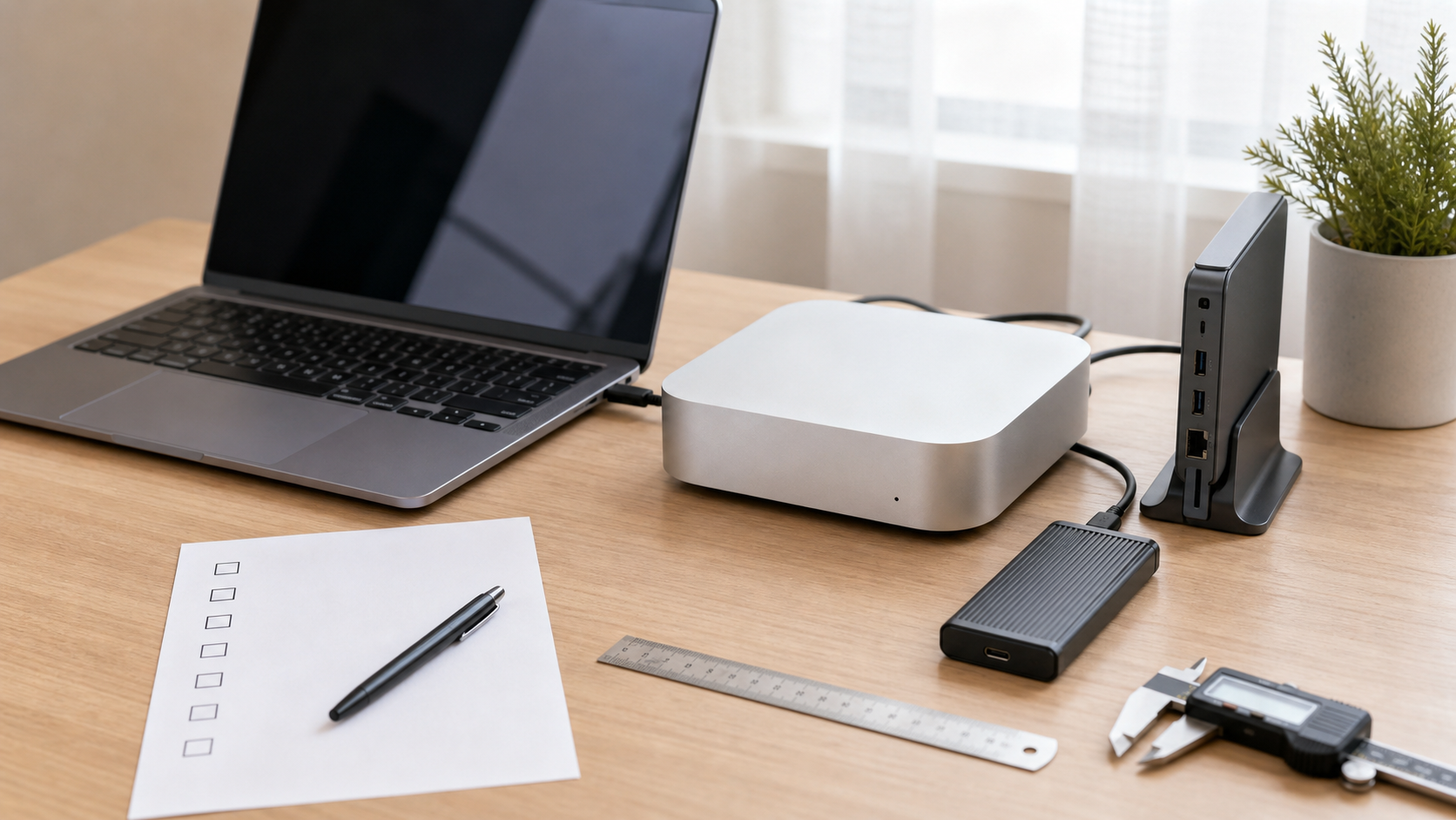 Mac mini風の小型PCとドックとSSDケースのサイズを確認しているデスク