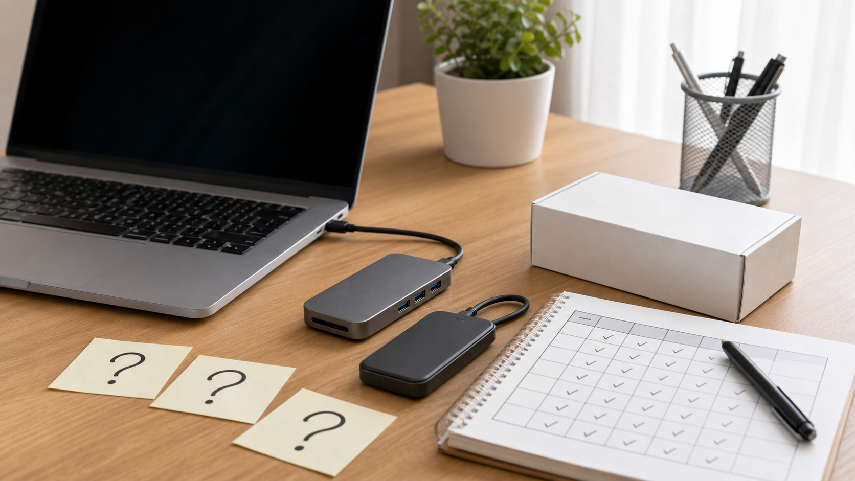 外付けSSDケースとUSB-Cハブ候補を並べて購入前チェックをしているデスク