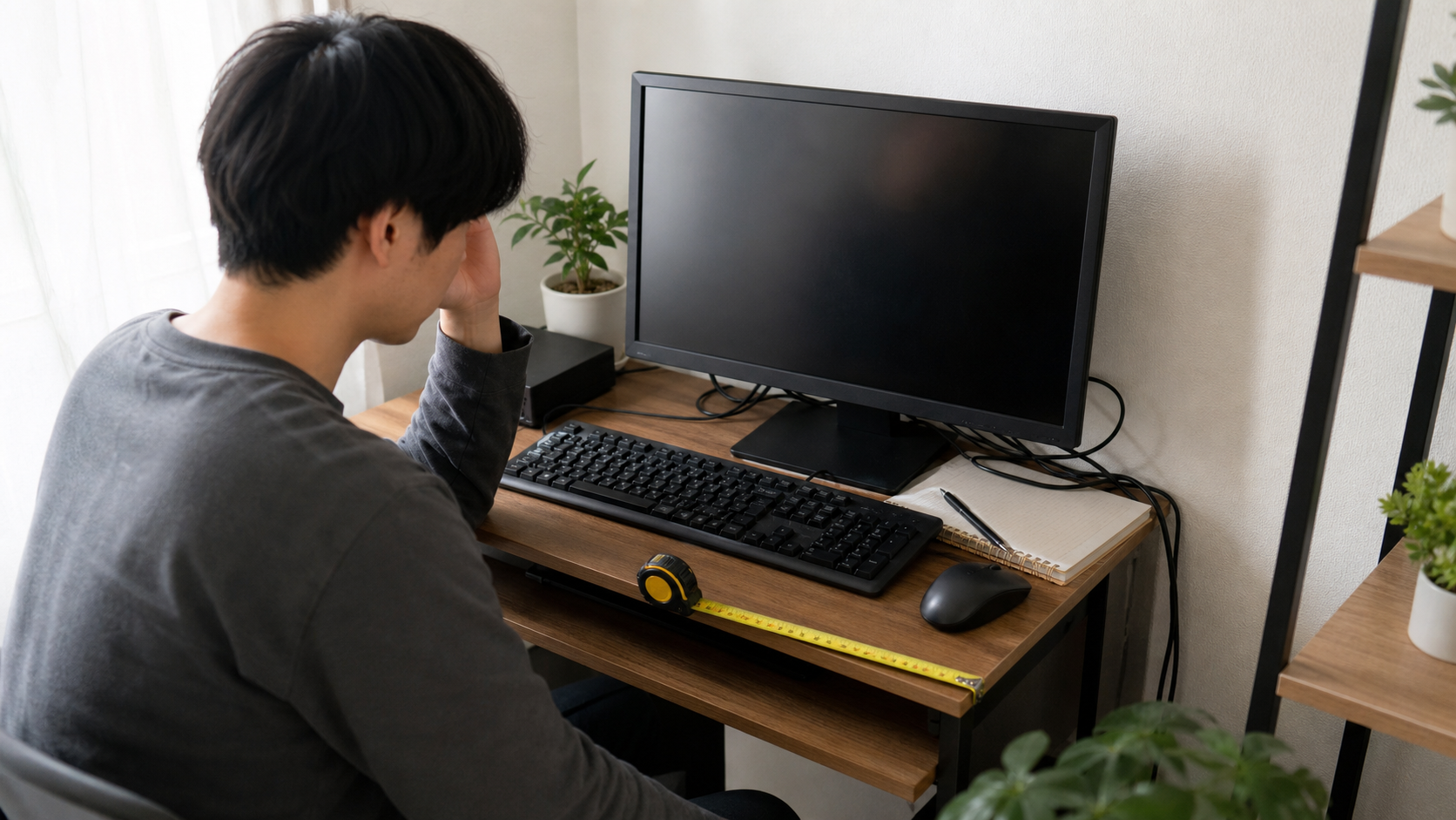 モニターとキーボードが近く書類を置きにくい浅いパソコンデスク