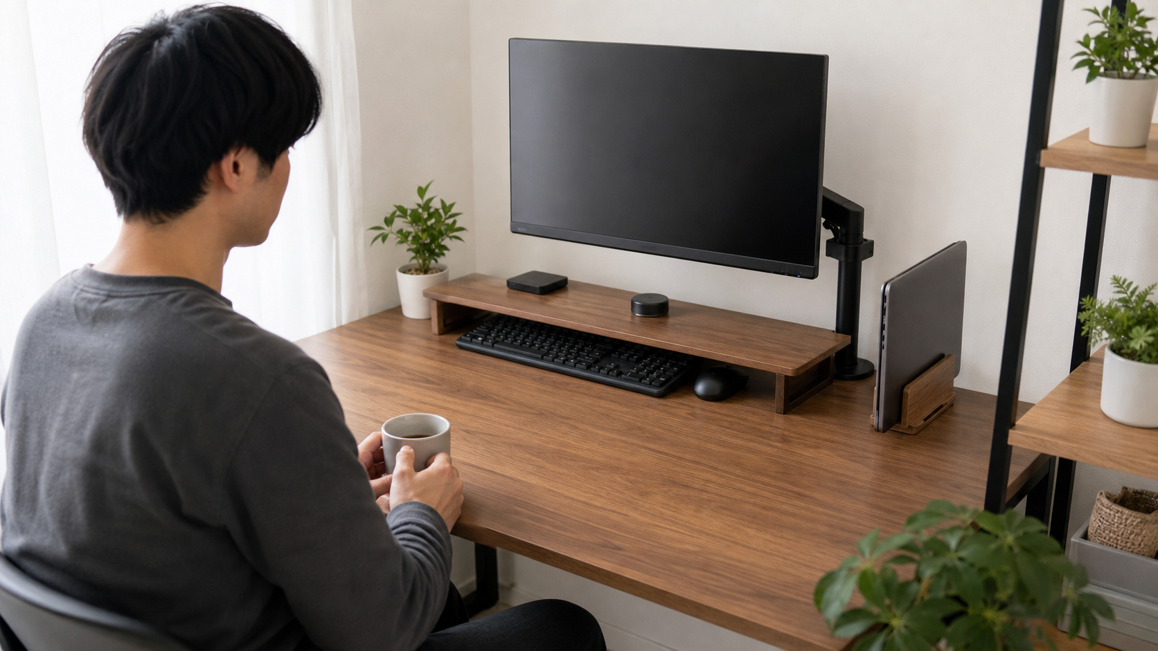 モニター台と縦置きスタンドで奥行きを広く使えるように整えたデスク