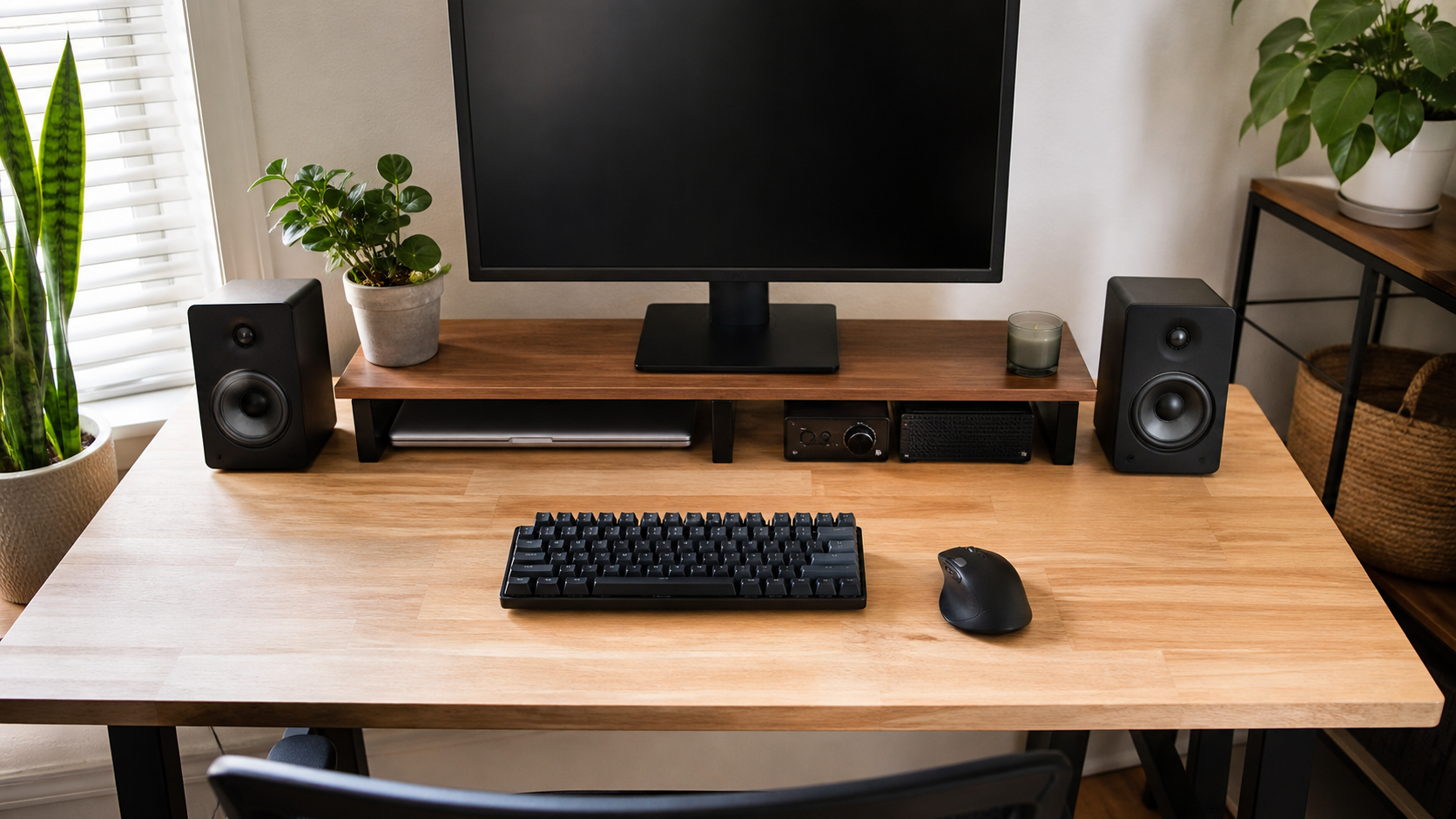 モニター台とPCスピーカーの配置を整えた広めのデスク