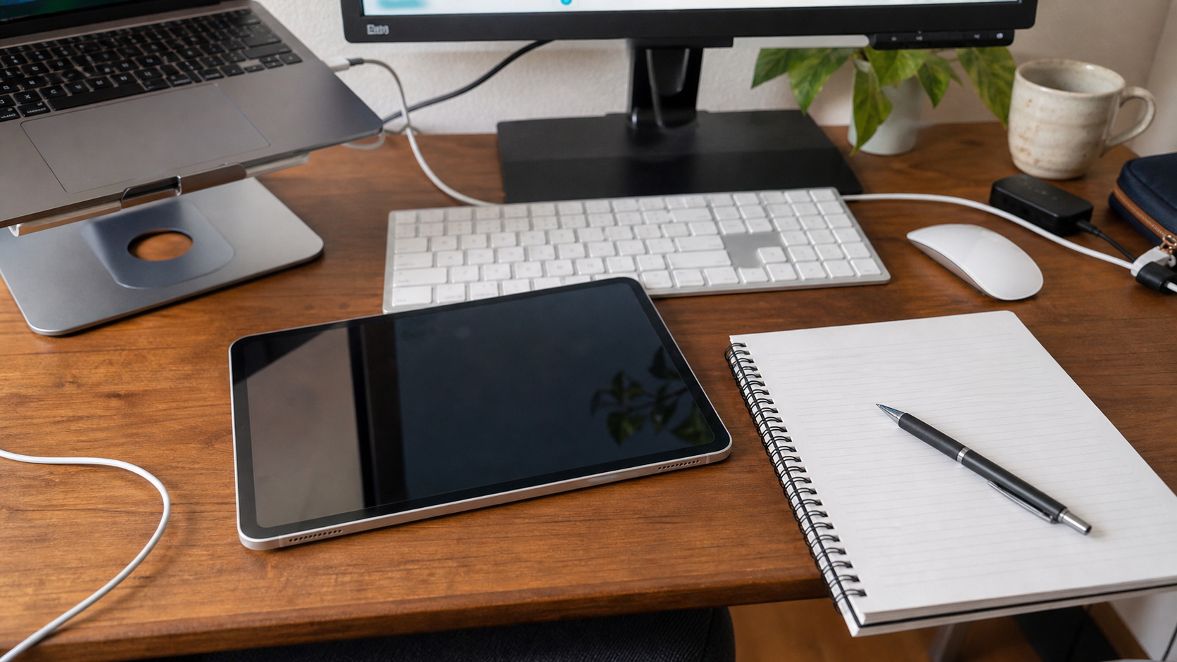 タブレットがキーボード前に置かれて作業面が狭くなっているデスク