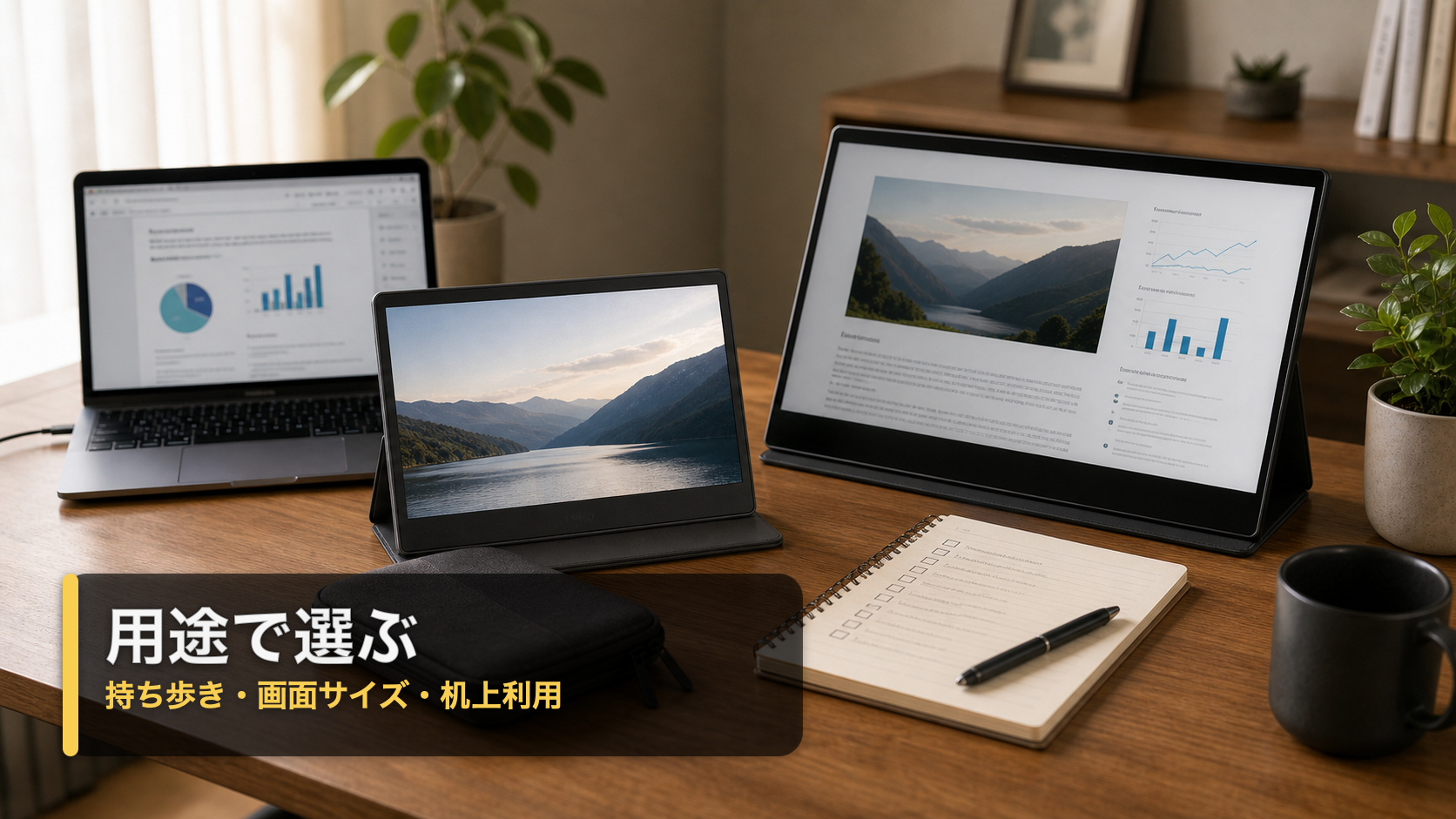 持ち歩き用と机上用のモバイルモニターを用途や画面サイズで選んでいるデスク風景