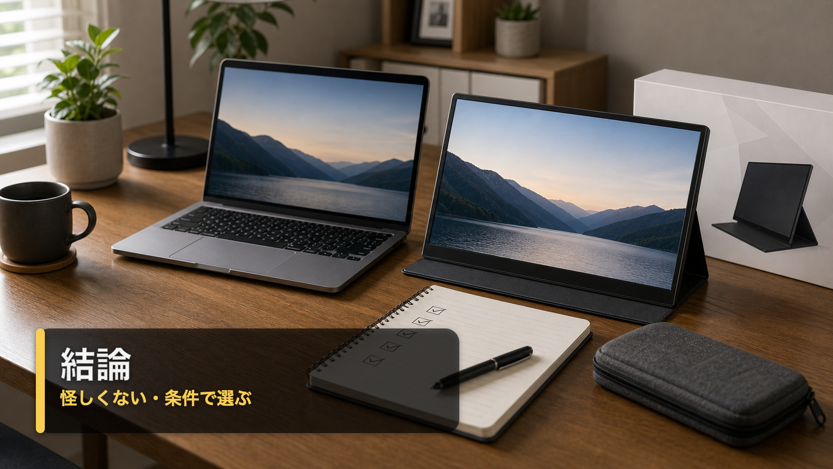 UPERFECTモバイルモニターを購入前チェック後に判断しているデスク風景
