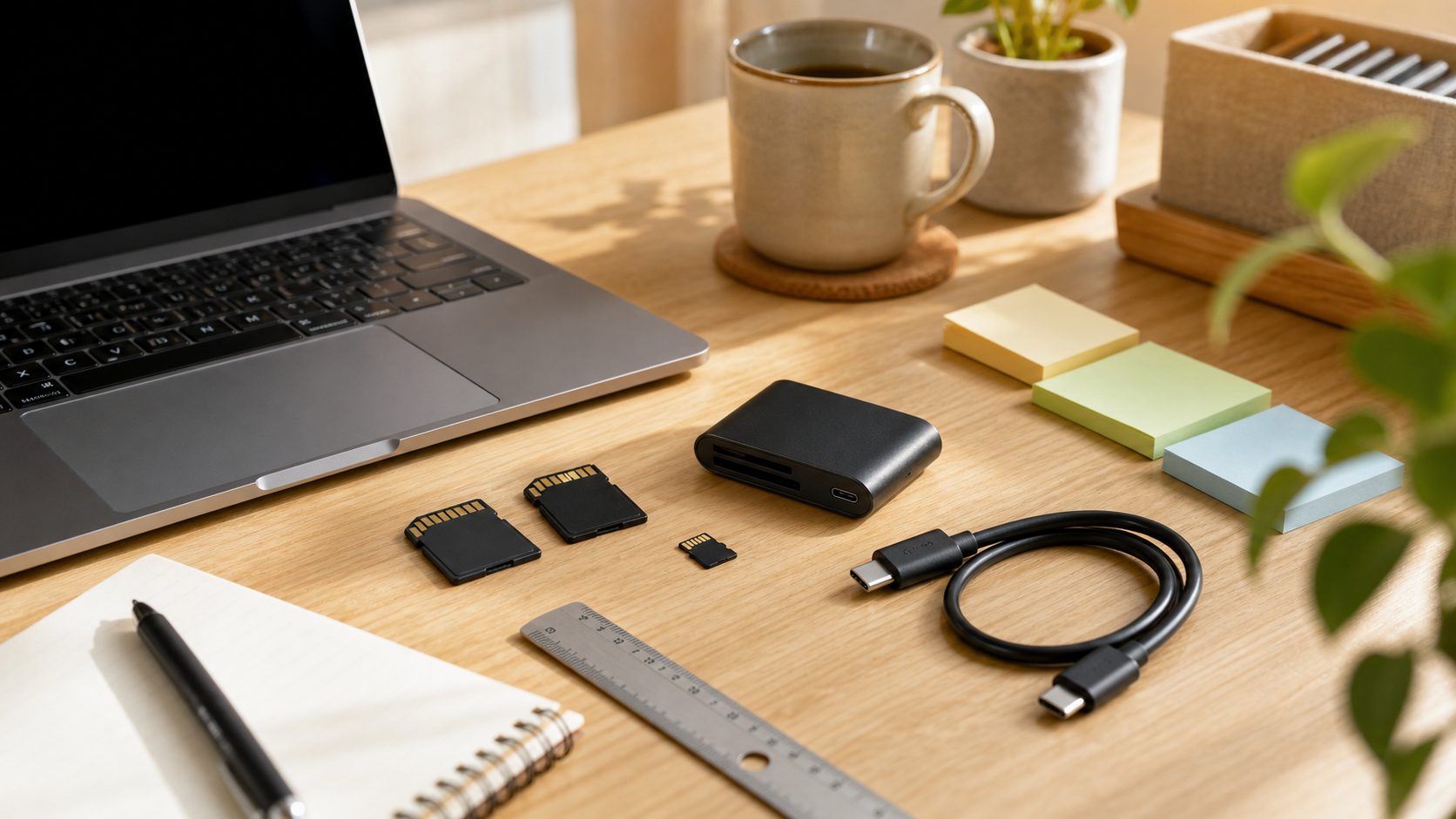 USB-Cカードリーダーを買う前にSDカード規格とケーブルと置き場所を確認しているデスク