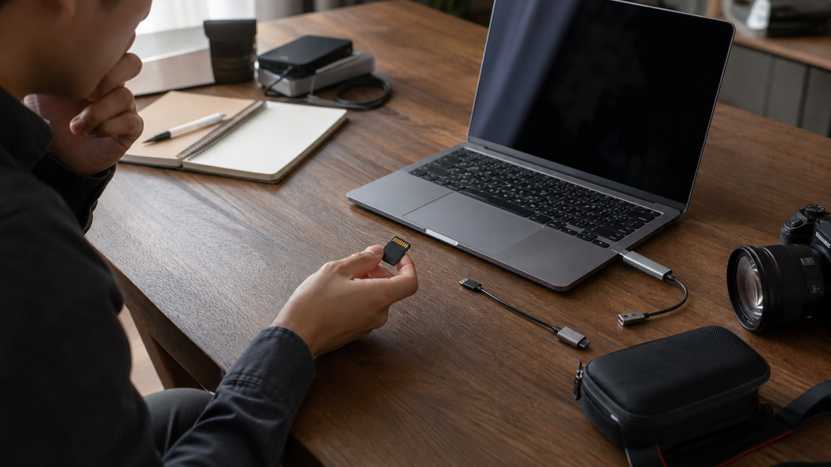 USB-CだけのノートPCにSDカードを取り込む方法で迷っているデスク