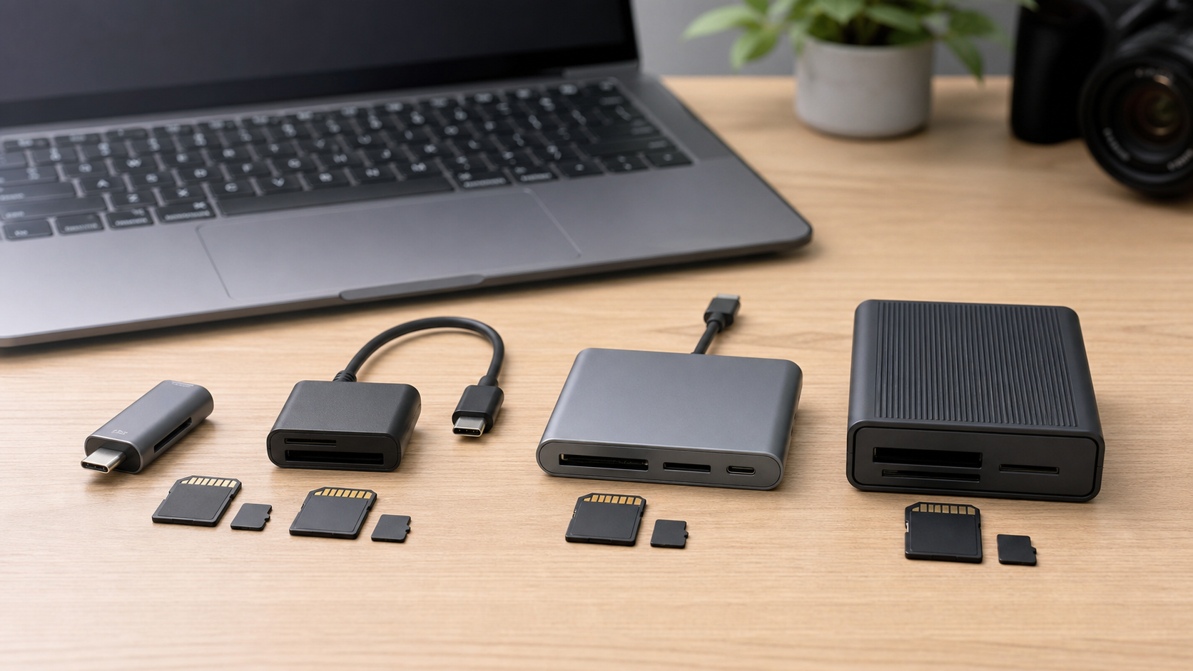 直挿し型、ケーブル付き、ハブ型、据え置き型のUSB-Cカードリーダーを比較しているデスク