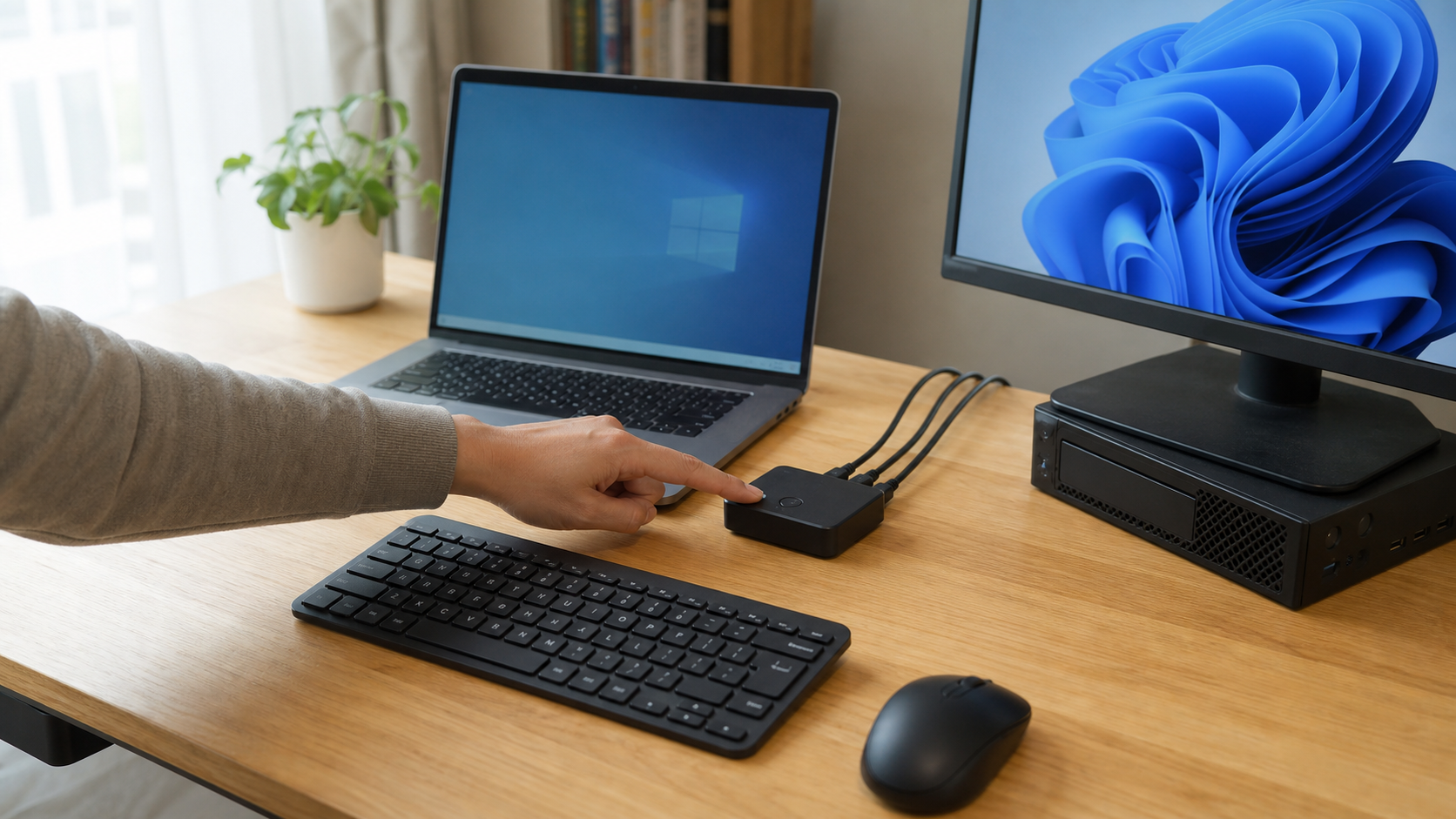 2台のPCでキーボードとマウスを共有するUSB切替器を押している在宅ワークデスク