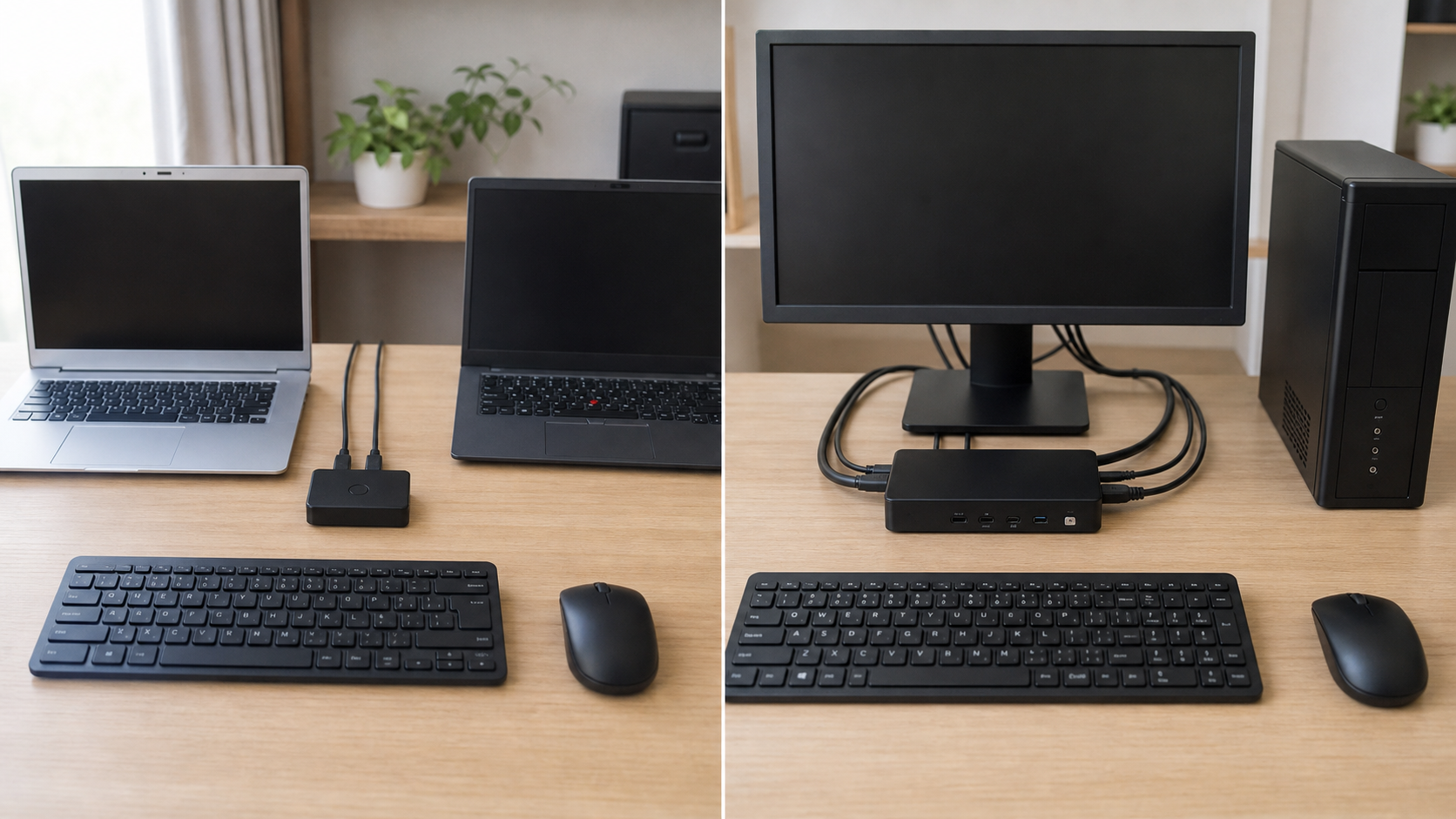 USB切替器とKVM切替器の違いを机上で比較している様子