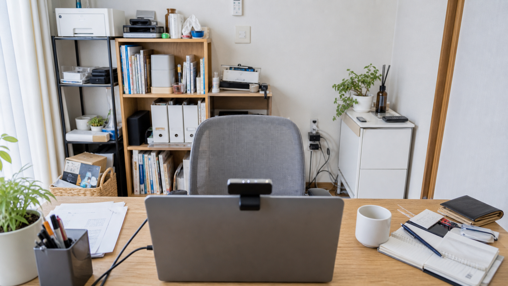ノートPCのカメラ越しに棚やケーブルが背景へ映り込みやすい在宅ワークデスク
