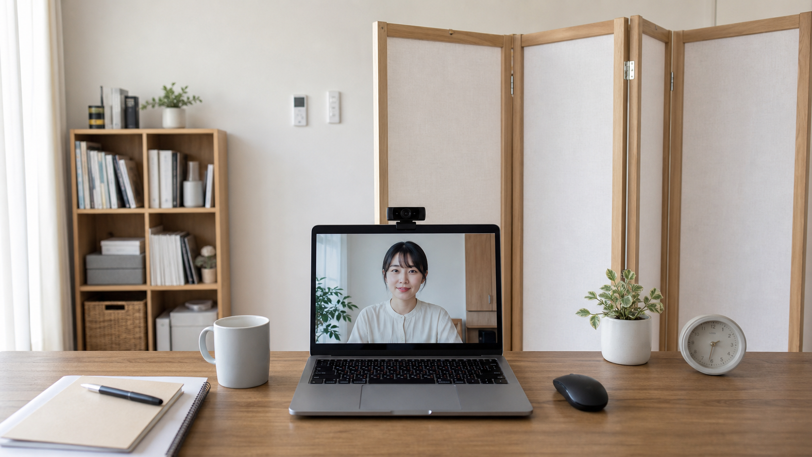 Web会議の背景を整えるためにカメラ位置と折りたたみスクリーンを見直したデスク