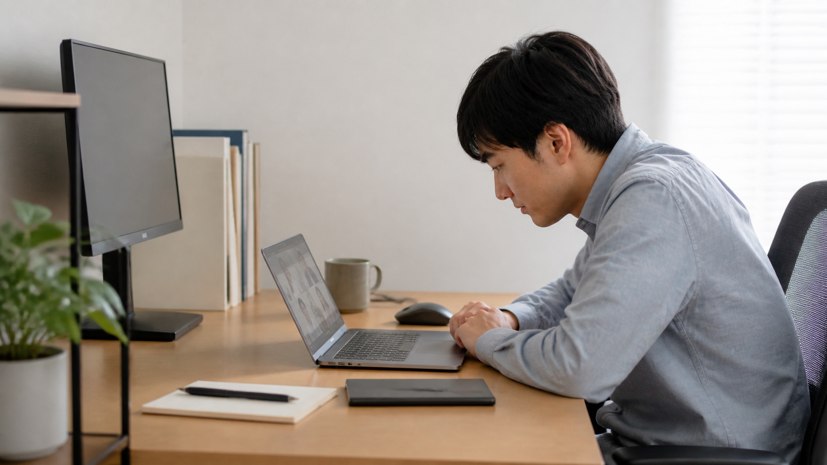 ノートPCを机に直置きして下を向きながらWeb会議をしているデスク