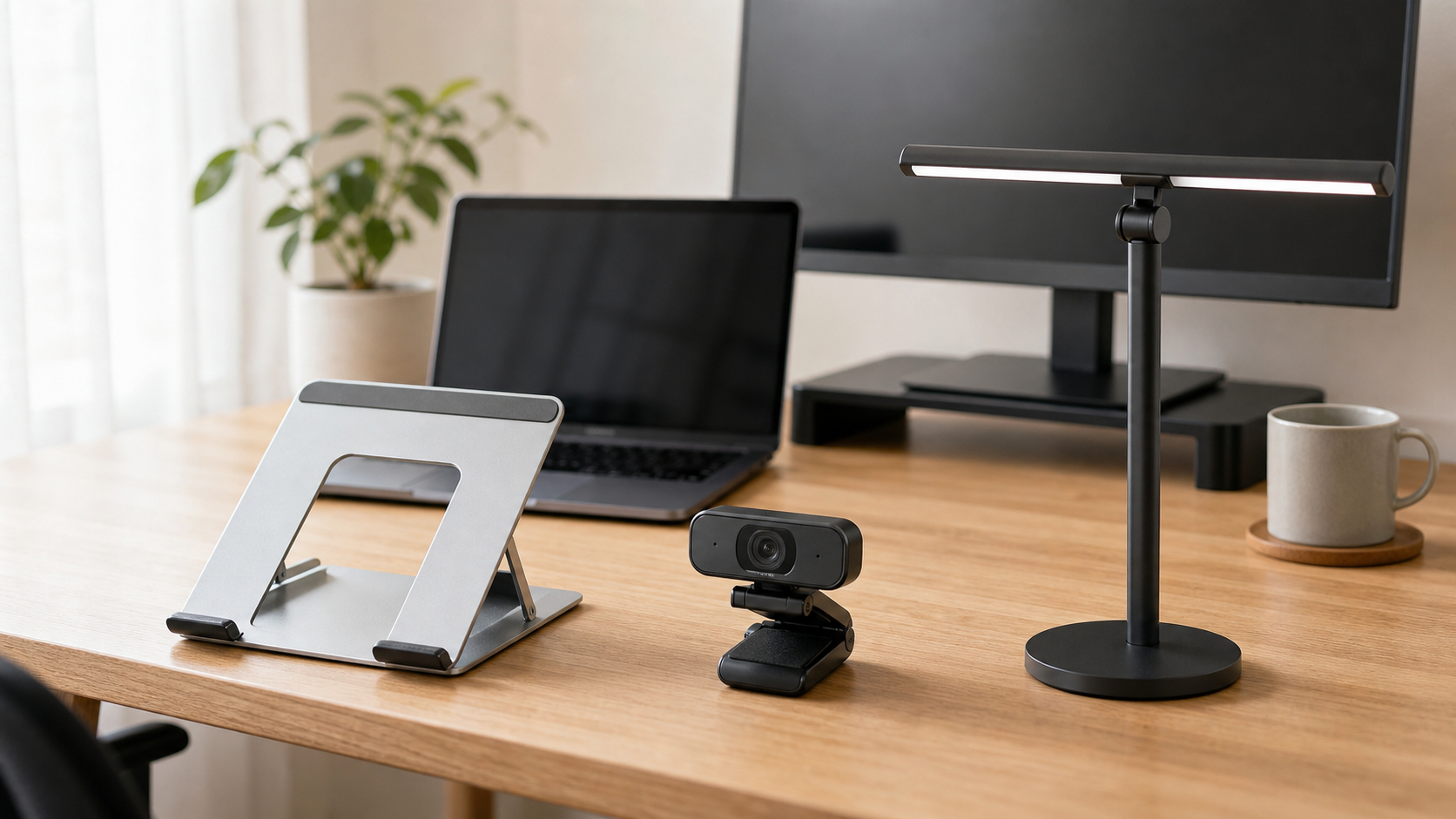 ノートPCスタンド、Webカメラ、デスクライトを並べて比較するデスク