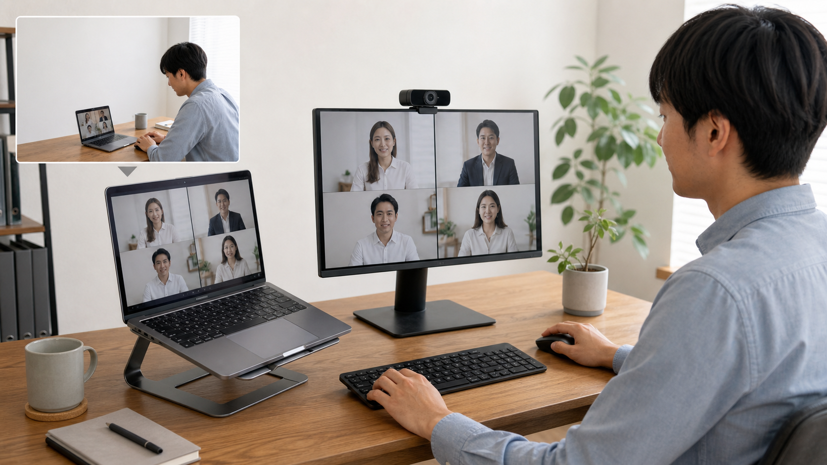 ノートPCスタンドと外付けWebカメラで目線を合わせたWeb会議デスク