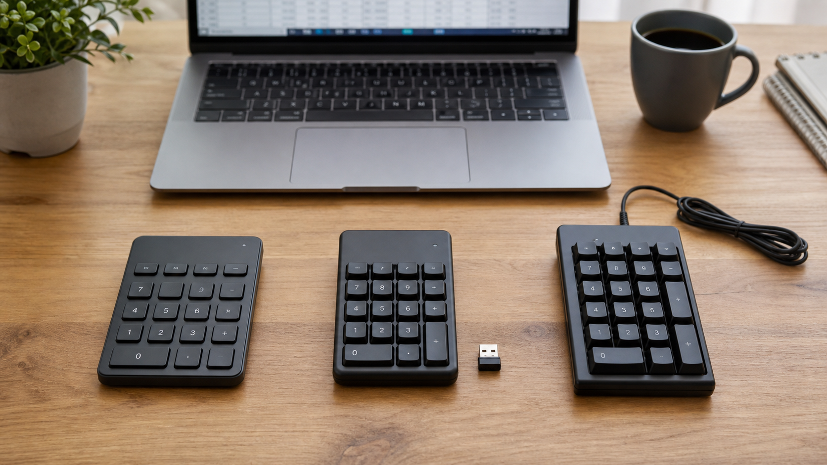 Bluetoothテンキー、USBレシーバー式テンキー、有線テンキーを比較しているデスク