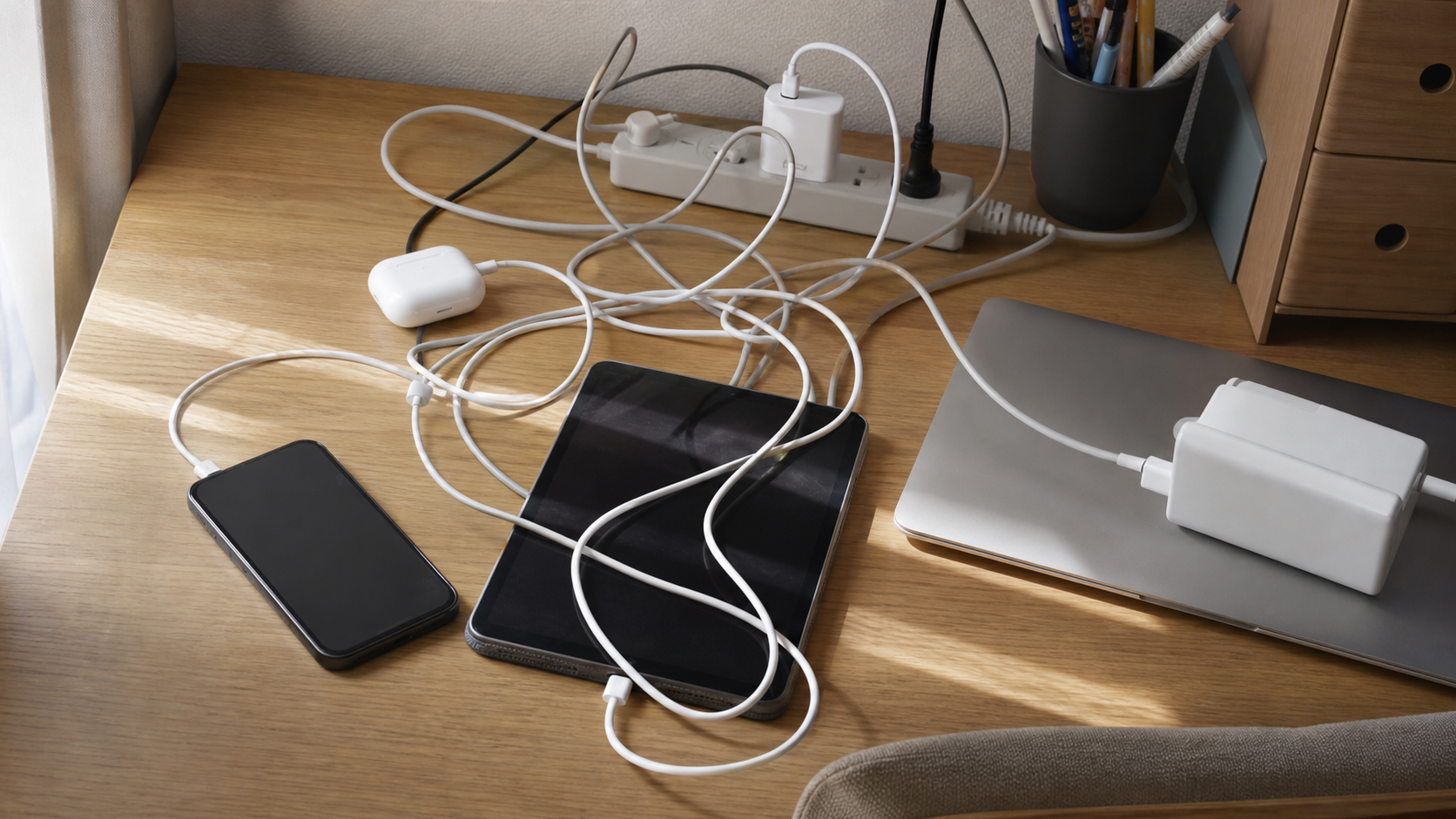 複数の充電ケーブルと端末が机の上で絡まり作業スペースを狭くしている様子